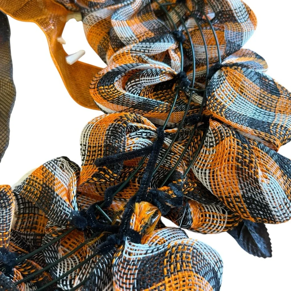 Halloween Mesh Wreath with Plaid Ribbon, Flowers & Cute Skeletons – 23″